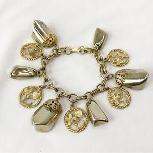 60s Chunky Muted Gold Tone Nugget Charm Bracelet Hearts Wishbones 4 Leaf Clovers
